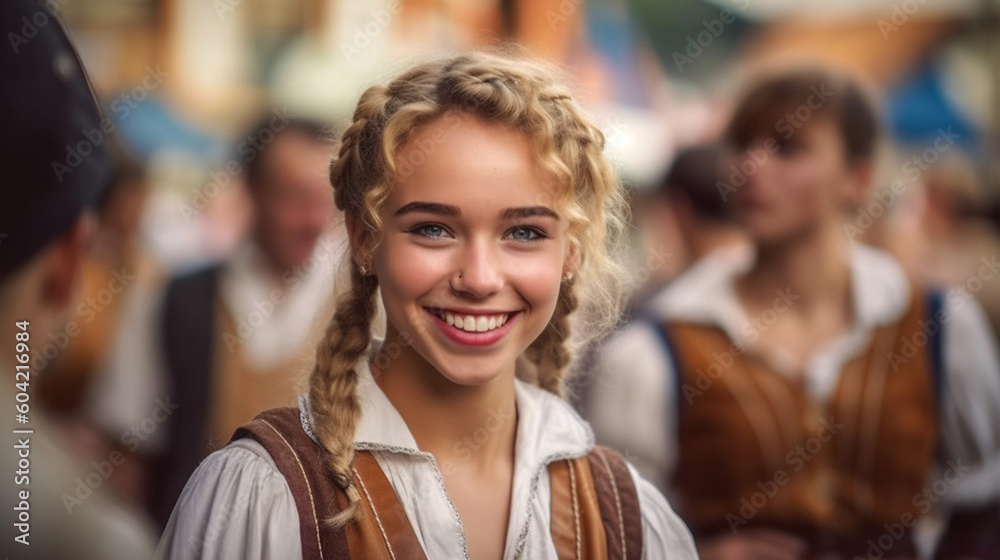 teenager girl wears a dirndl at the oktoberfest or city festival or folk festival, joyful smile, anticipation and fun