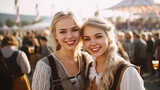 young adult woman or teenager wears a dirndl at the oktoberfest or city festival or folk festival, joyful smile, anticipation and fun
