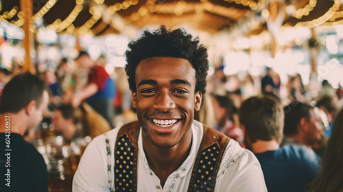 young adult man wears a lederhosen dress at the oktoberfest or city festival or folk festival, joyful smile, anticipation and fun photo