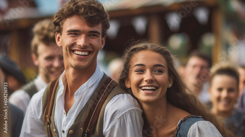 people men and women, young adult man and woman girl wears a dirndl at the oktoberfest or city festival or folk festival, joyful smile, anticipation and fun