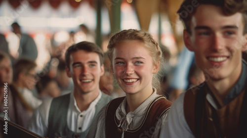 teenager girl and boy wears a dirndl at the oktoberfest or city festival or folk festival, joyful smile, anticipation and fun
