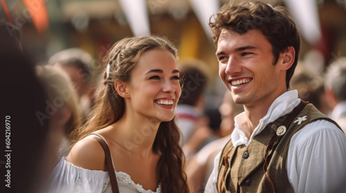young adult man and woman girl wears a dirndl at the oktoberfest or city festival or folk festival, joyful smile, anticipation and fun