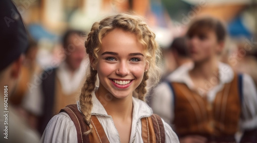 teenager girl wears a dirndl at the oktoberfest or city festival or folk festival, joyful smile, anticipation and fun