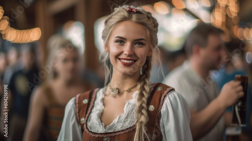 young adult woman wears a dirndl at the oktoberfest or city festival or folk festival, joyful smile, anticipation and fun photo