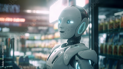 a robot work in a kiosk or gas station or go shopping for its owner, household robot or job as a cashier, humanoid android with artificial intelligence