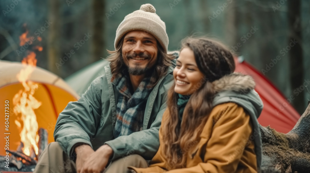 couple at camping, romance, summer vacation of love