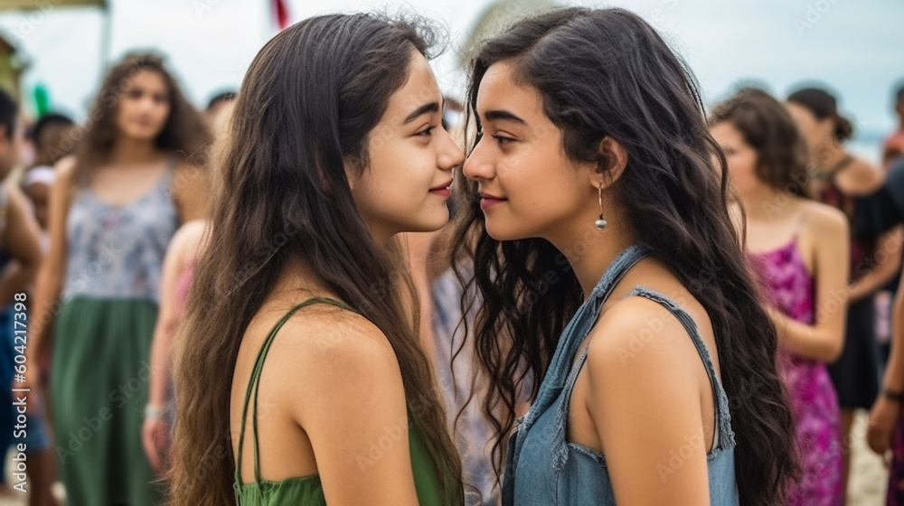 Obraz premium Typical beach vacation, young teenage girls, girls on the sandy beach, windy weather in the evening, out and about with friends on summer vacation