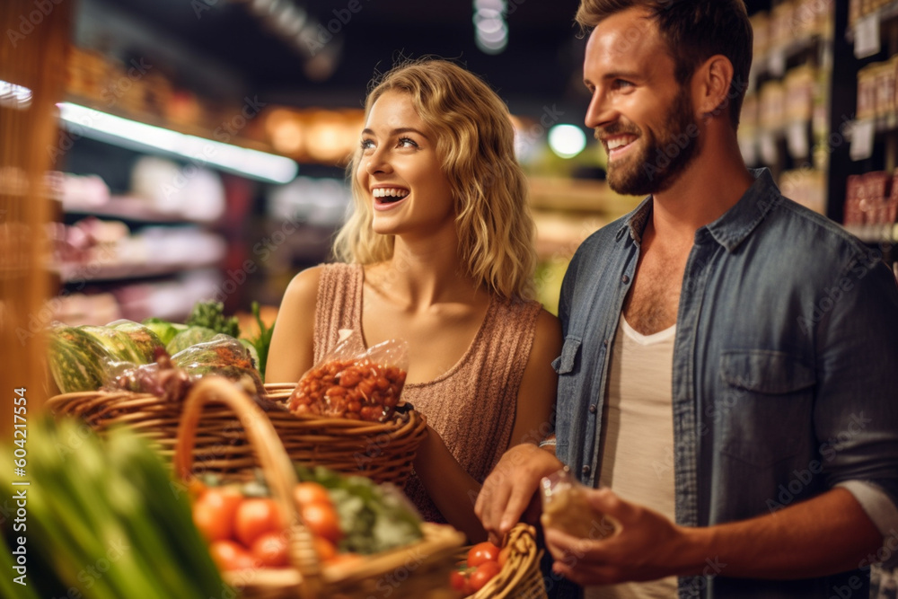 young adult woman and adult man are couple or friends in supermarket buying groceries, going shopping