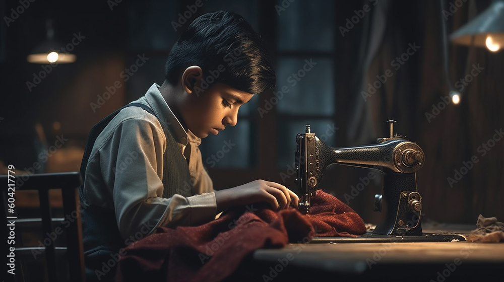 child labor or hobby, fictional happening, child with old vintage sewing machine and fabric or clothing, sewing clothes or being a designer