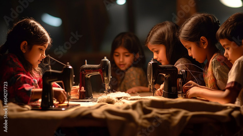 child labor or hobby  fictional happening  child with old vintage sewing machine and fabric or clothing  sewing clothes or being a designer