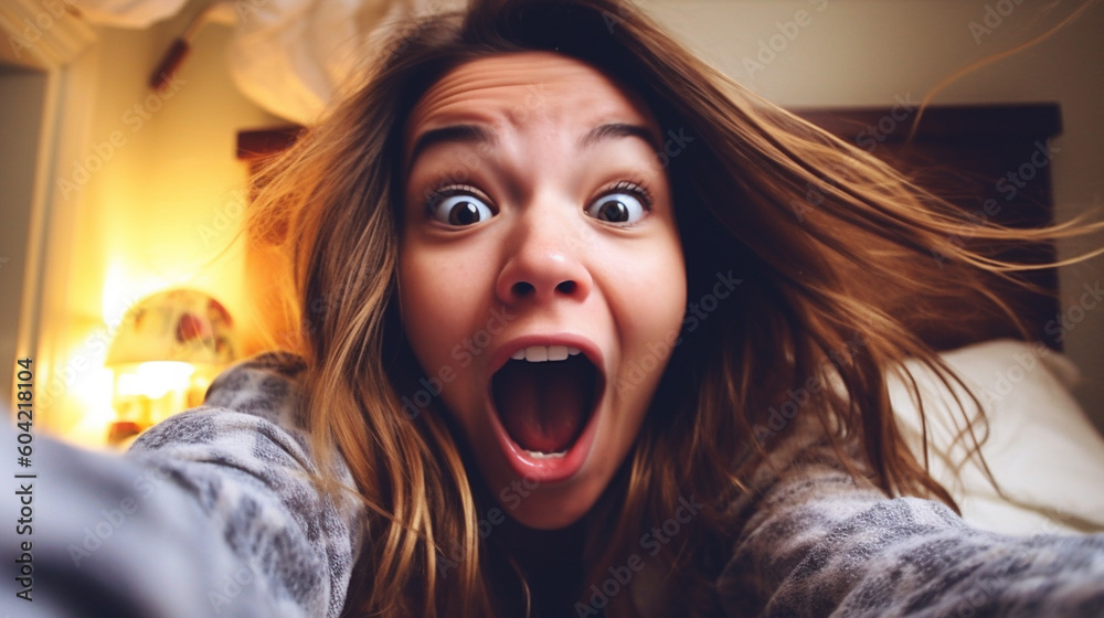 very happy young adult woman with mouth open, having fun joy, at home on bed using mobile phone, taking selfie or social media, euphoria and happy using mobile phone. Generative AI