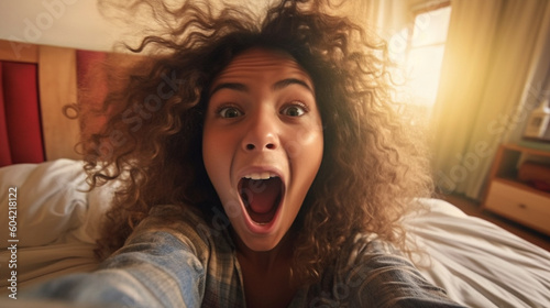 very happy young adult woman with mouth open, having fun joy, at home on bed using mobile phone, taking selfie or social media, euphoria and happy using mobile phone. Generative AI