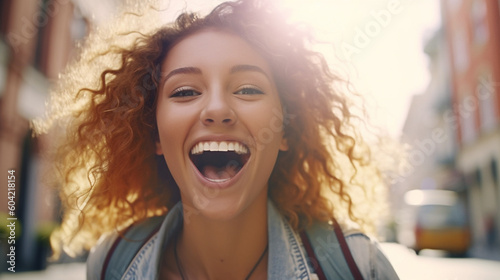 very happy young adult woman with open mouth, fun joy, in sunshine, sunny nice weather, school bag or backpack, city trip outing or everyday city life
