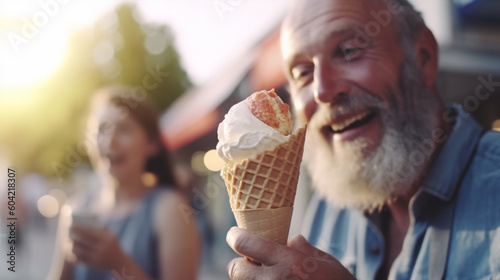 mature adult man with a gray beard and a bald head eating ice cream, ice cream in a cone, , sunny summer day, in front of the ice cream shop