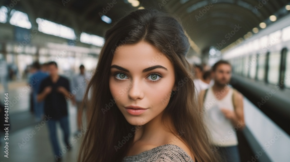 young adult woman is waiting at the train tracks, train track, platform at the train station, fictitious place young adult woman is waiting at the train tracks, train track, platform at the train station, fictitious place