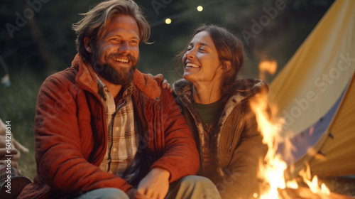 adult man and woman camping at campsite or garden or nature, tent in background, joy and fun, summer day, smile and laugh, be happy
