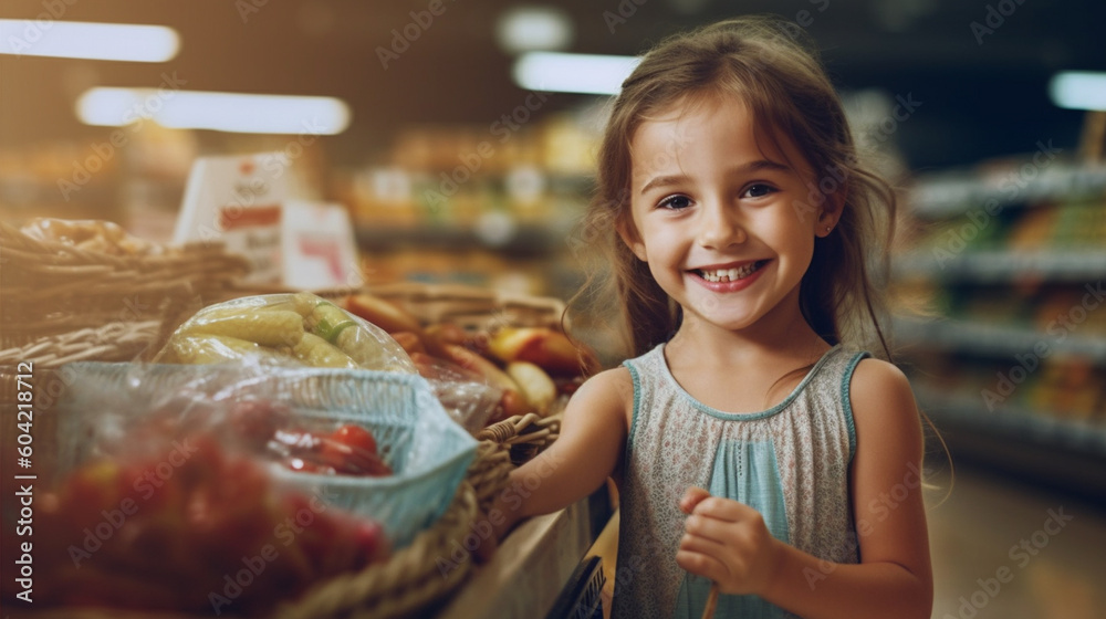 good mood small child, child girl in the supermarket, smiling joyful girl shopping