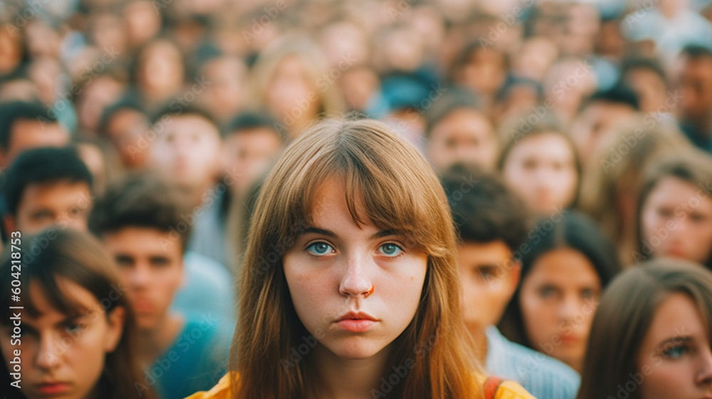 Fototapeta premium young woman or teenager, a peaceful protest or demonstration, a riot on a street in a city by civilians. fictional place and people