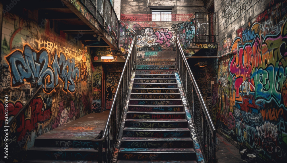 Multi colored graffiti mural illuminates dark, abandoned subway station corridor generated by AI