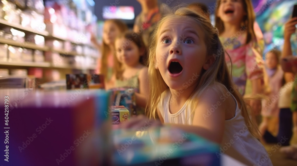 small child in an extremely positive mood, child girl in a toy shop, toys on the shelves, pipe dream and great joy, consumption and childhood