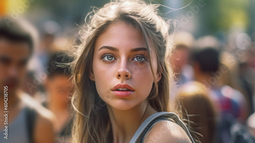 young adult woman in crowd,...