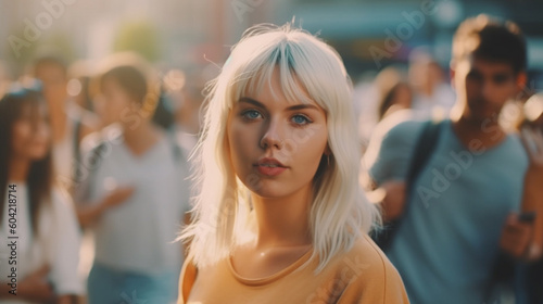 young adult woman in crowd,...