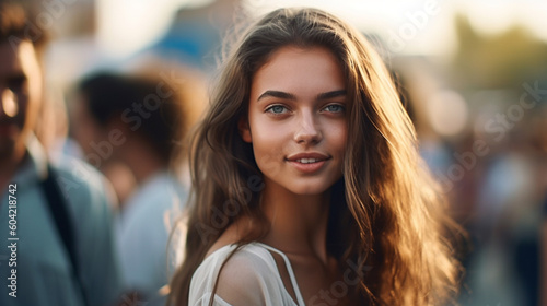young adult woman in crowd,...