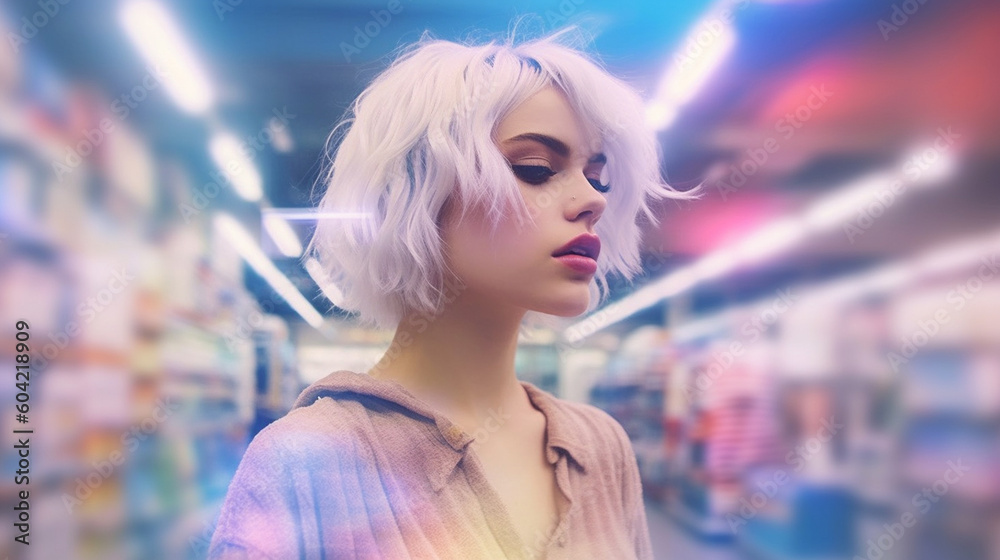 young adult woman or teenager with short blond hair in supermarket shopping, abstract lights illumination, youthful beauty, emotions feelings and confidence young adult woman or teenager with short blond hair in supermarket shopping, abstract lights illumination, youthful beauty, emotions feelings and confidence