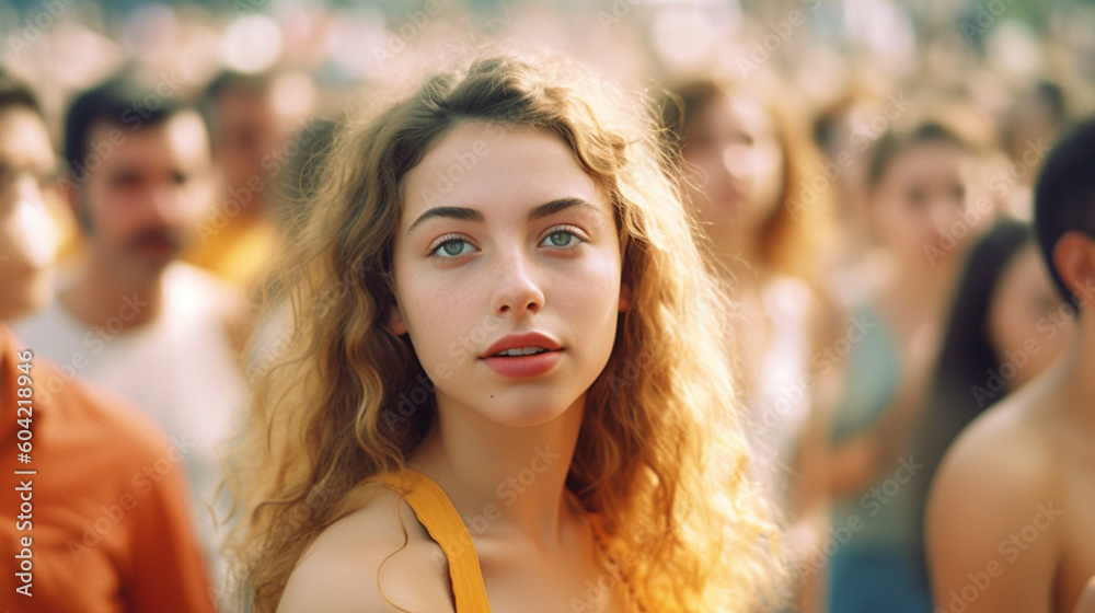 young adult woman, attractively beautiful, blonde woman, slim figure, pretty face, in a city, strolling through town or city life, everyday life outside in summer, many people in the background young adult woman, attractively beautiful, blonde woman, slim figure, pretty face, in a city, strolling through town or city life, everyday life outside in summer, many people in the background