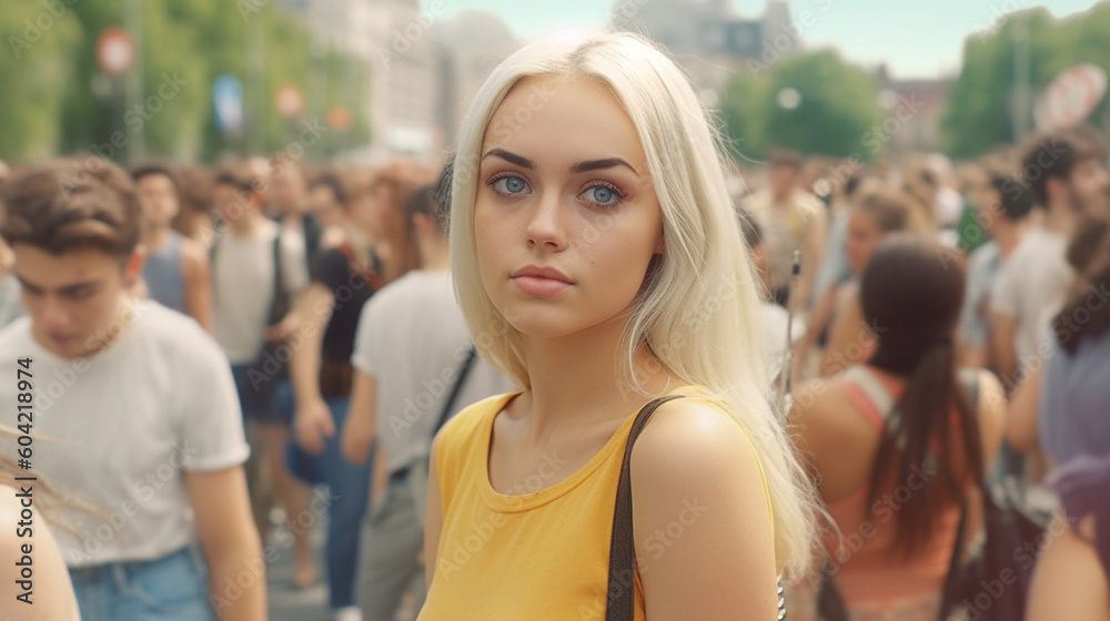 young adult woman or teenager with blond hair and a yellow summer shirt outside in a city with many people, university campus or other public place young adult woman or teenager with blond hair and a yellow summer shirt outside in a city with many people, university campus or other public place