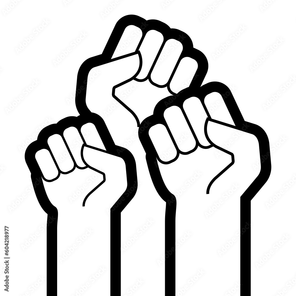 Protesters raised hand fists. Flat black and white vector illustration isolated Protesters raised hand fists. Flat black and white vector illustration isolated