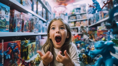 small child in an extremely positive mood, child girl in a toy shop, toys on the shelves, pipe dream and great joy, consumption and childhood