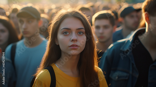 young people mass crowd closely to closely, fictional place and happening