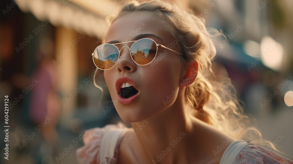 extremely positive feelings, young adult woman outside in summer dress on a side street in summer early evening at sunset, mouth open or moaning, fun joy happy and liberating