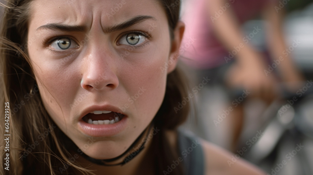 Scared Bike Rider bike ride, young adult woman is very scared, extremely emotional, open ...