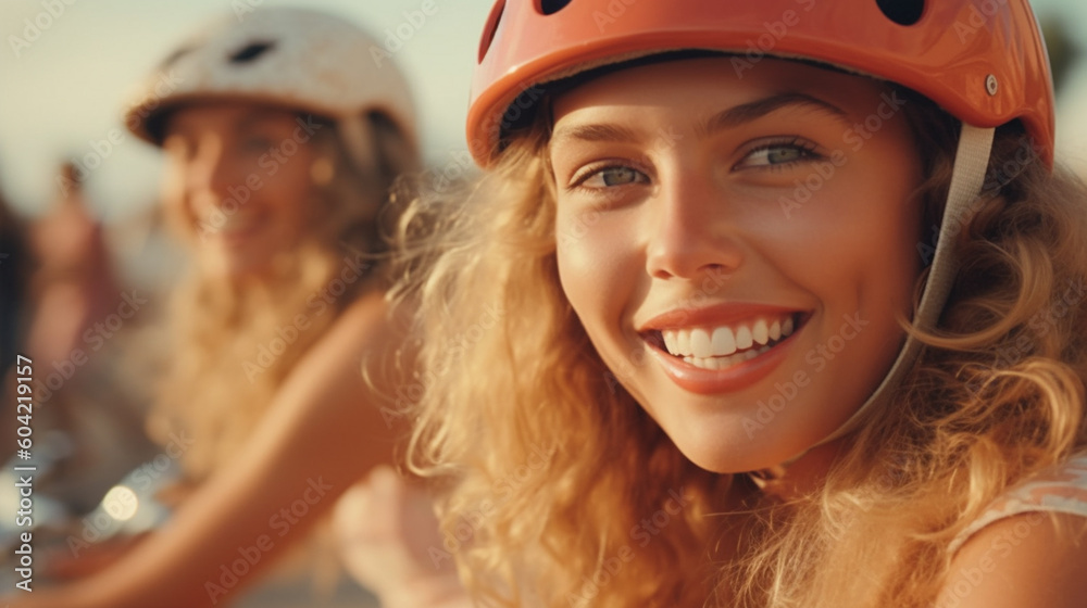 young adult woman happy and content and exuberant relaxed riding a bike, bike tour with a helmet, with friends, in the sunshine at sunset, smiling and joyful and having fun young adult woman happy and content and exuberant relaxed riding a bike, bike tour with a helmet, with friends, in the sunshine at sunset, smiling and joyful and having fun
