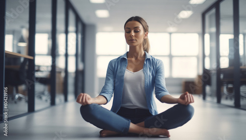 One young woman meditating in lotus position for wellbeing generated by AI photo
