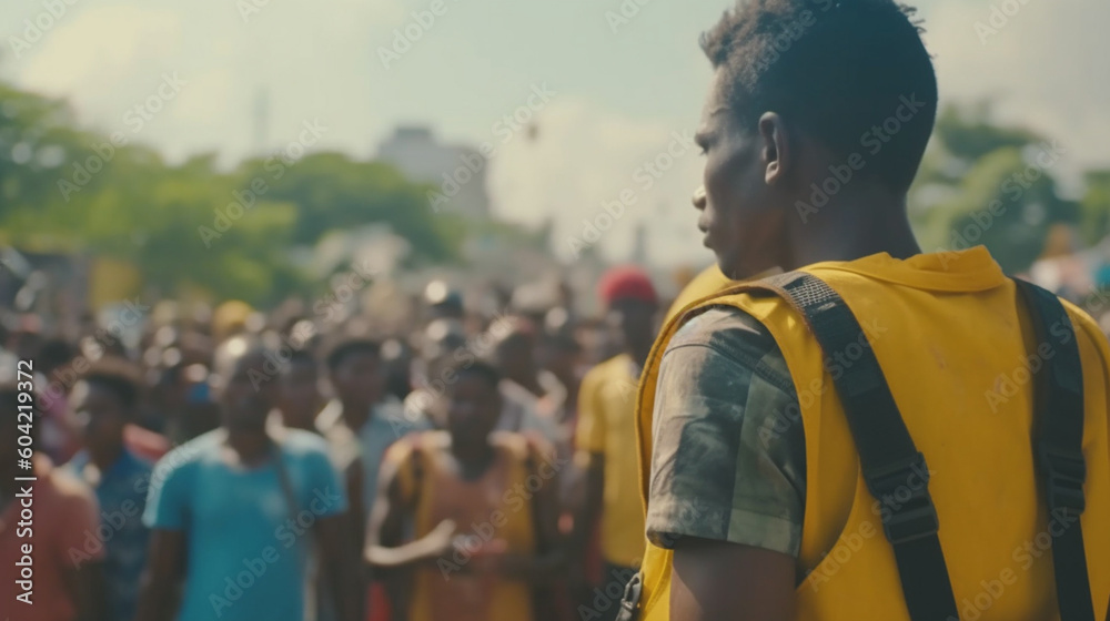 young adult males at a gathering or protest demonstration, fictitious reason
