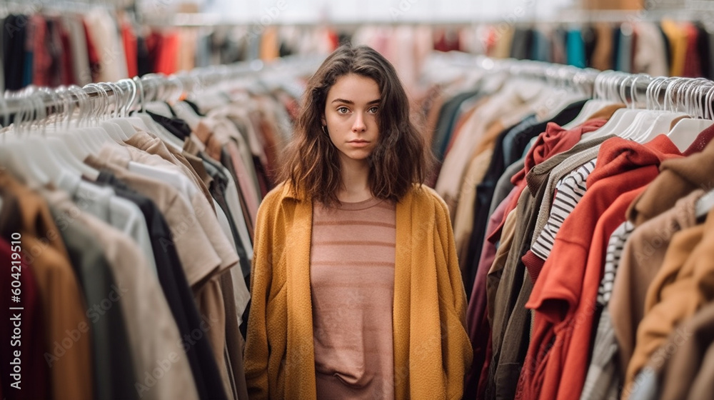 young adult woman shopping in a clothing store, gloomy mood
