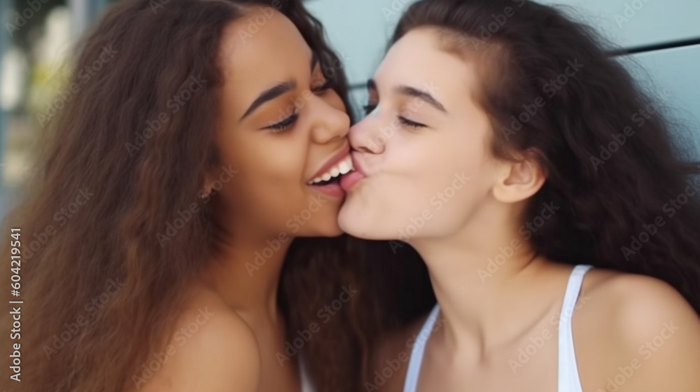 Two young adult women are kissing and biting their lip affectionately Two young adult women are kissing and biting their lip affectionately