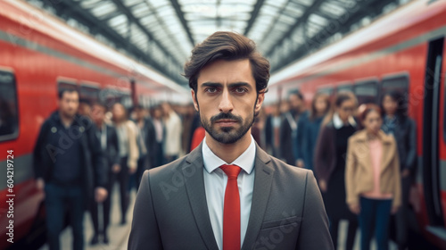 exit at the station, arrival at the platform, leaving the station building, in a suit, young adult people, man, commuting to work