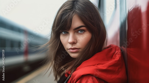 young woman with red hoodie...