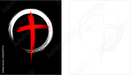 christian cros logo (grunge paintbrush) - white and red on black background white on transparent background