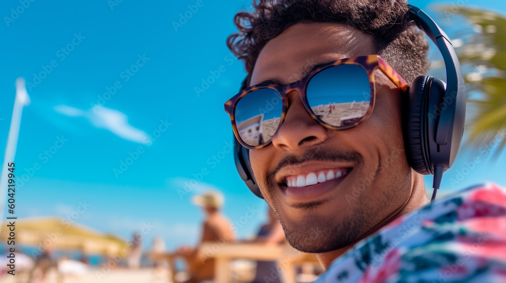 young adult man on the beach, sandy beach on summer vacation, tourists in swimwear on background, sea and water, tourism