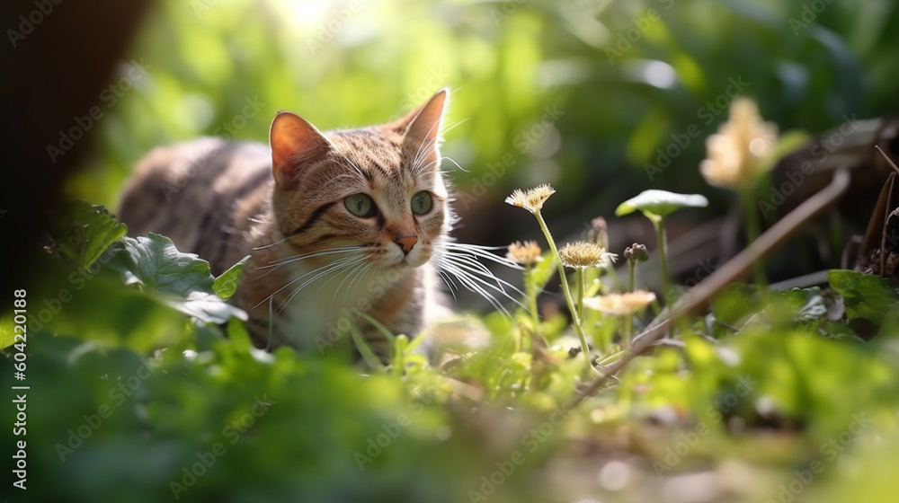 cute little cat hunting in the garden in the meadow in sunshine in summer or spring, closeup ground view