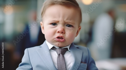a nearly crying baby, a boy, a child in business outfit with suit