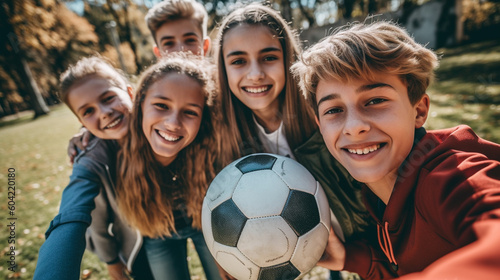 group of young adult boys and girls or teenagers  on the sports field with a soccer ball  with light jackets  fun and joy  team sports and a group of friends outside in the free time