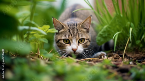 cute little cat hunting in the garden in the meadow in sunshine in summer or spring, closeup ground view