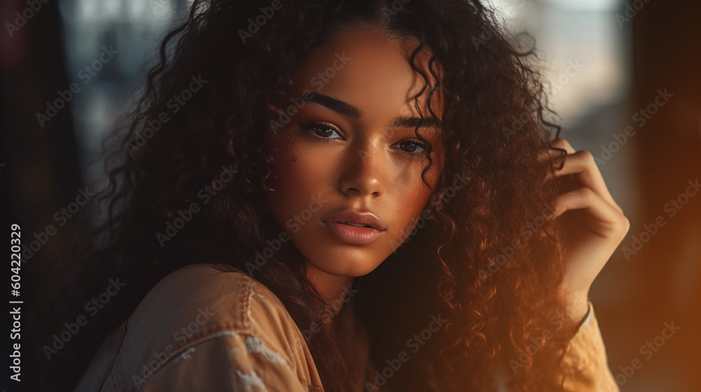 young adult woman with curly hair, dark hair, slim figure, close-up face, dreamy and playful, tanned dark skin tone, young beauty, indoor young adult woman with curly hair, dark hair, slim figure, close-up face, dreamy and playful, tanned dark skin tone, young beauty, indoor