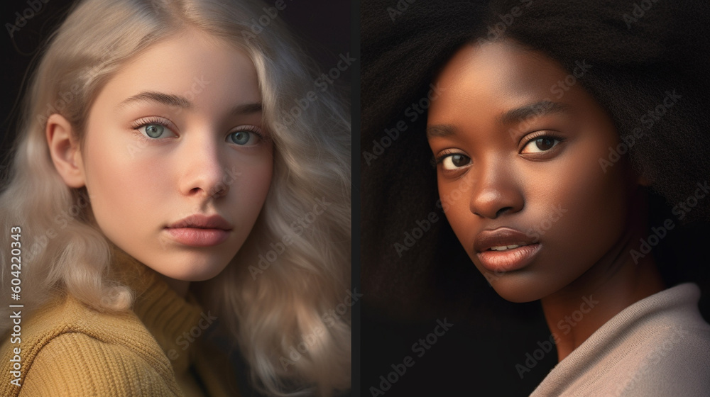 Comparison of two similar face shapes with dark tanned skin tone and light caucasian skin tone